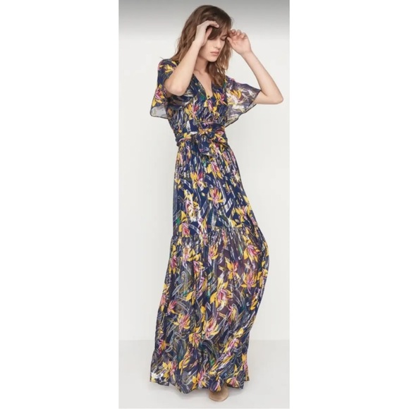 BA&SH NAVY FLORAL FLOWY SILK DRESS - Picture 2 of 4
